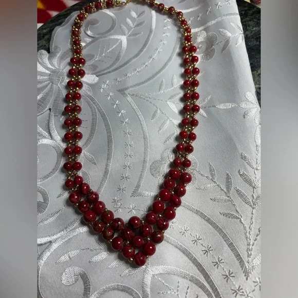 Handmade Red Green Gold Beaded Necklace with holiday design 20.5 inches - Picture 3 of 4